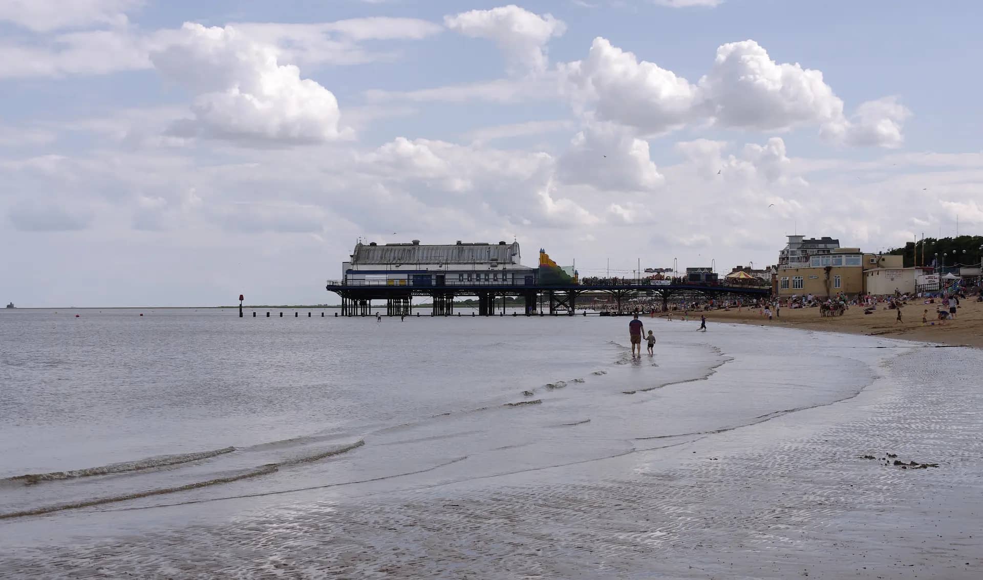 Cleethorpes beach and pier, with the seafront buildings behind