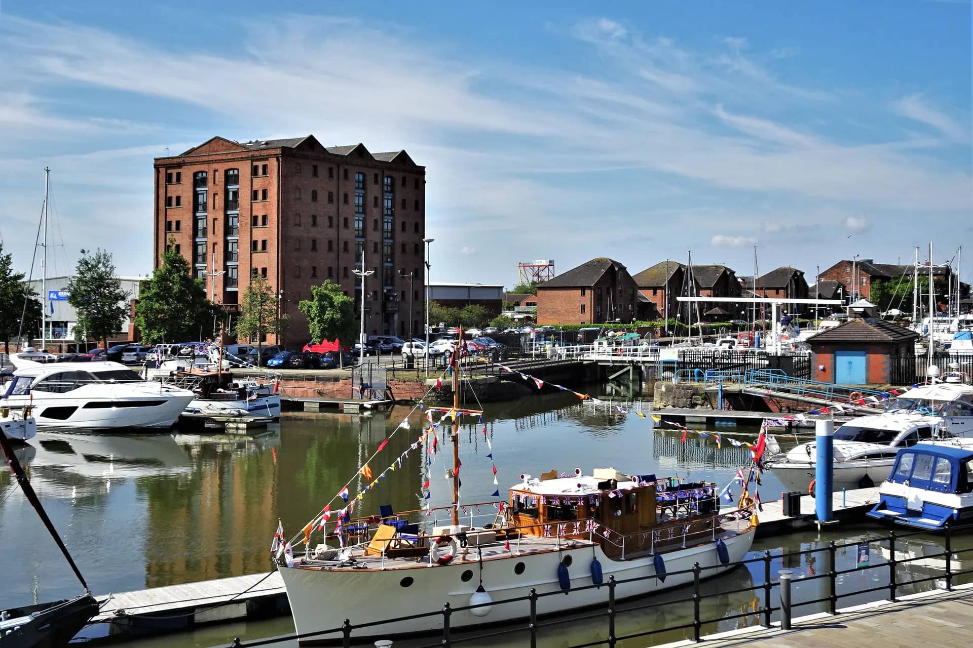 Boats moored in Hull Marina beside the converted Warehouse 13, Kingston upon Hull