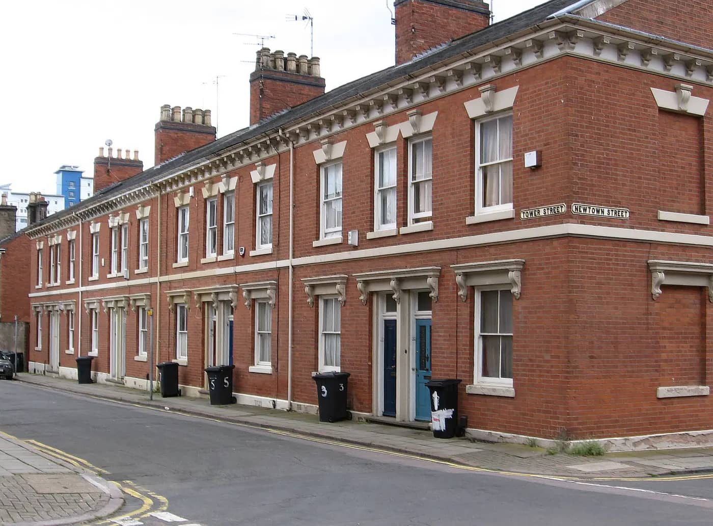 Red-brick Victorian terraced houses on the corner of Tower Street and Newtown Street, Leicester