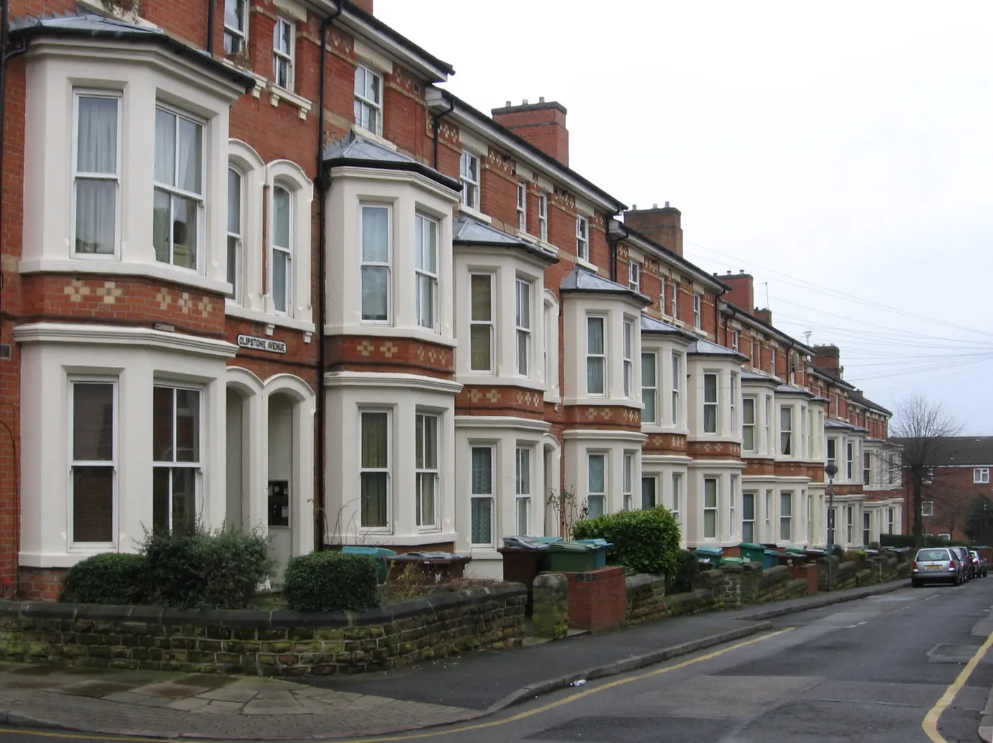 Bay-fronted Victorian red-brick terraced houses on Clipstone Avenue, Nottingham