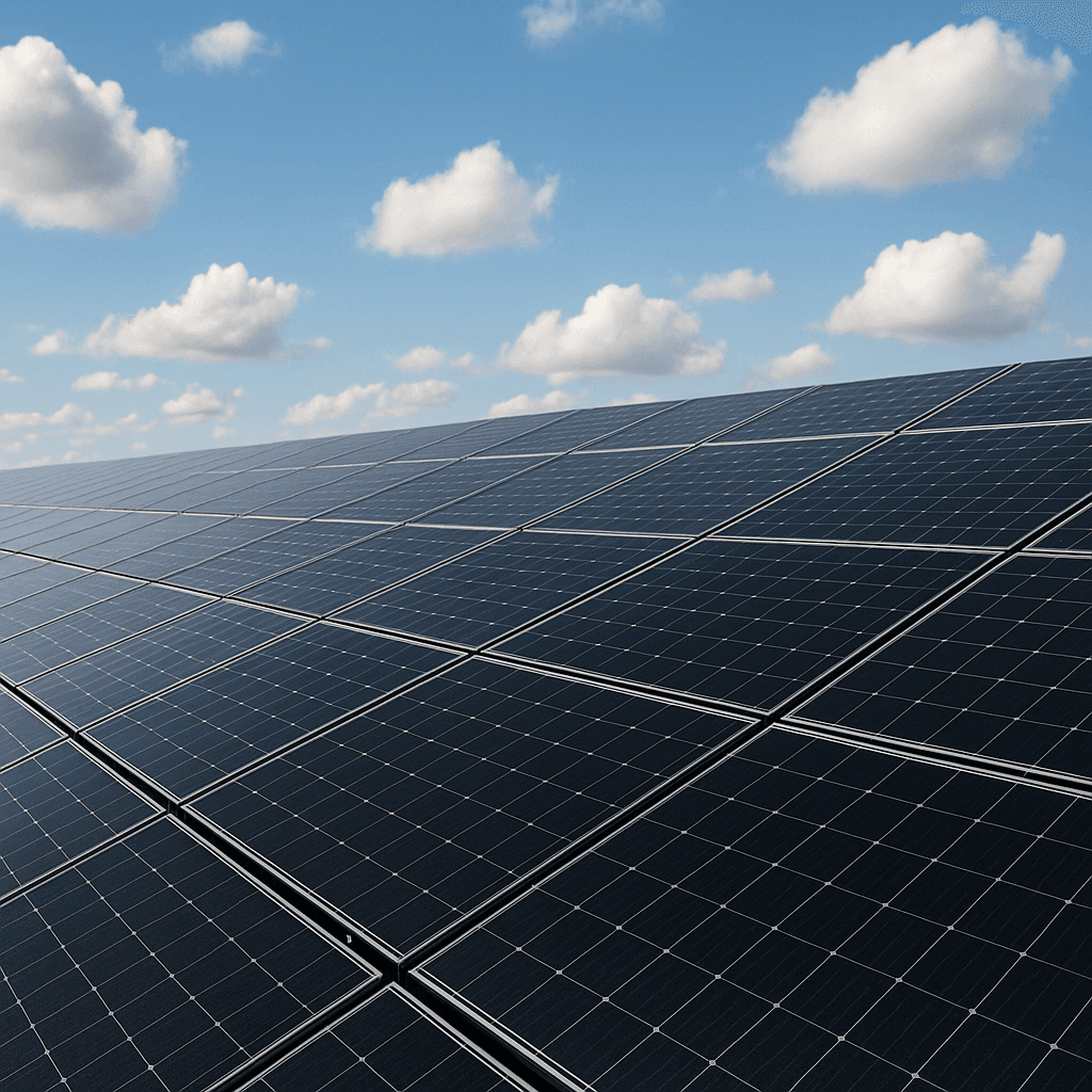 Rows of dark monocrystalline solar panels against a blue sky with scattered clouds
