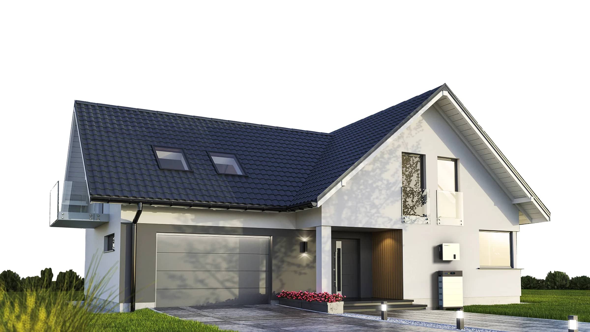 A white house in sunshine with a solar array on the roof and a battery beside the garage
