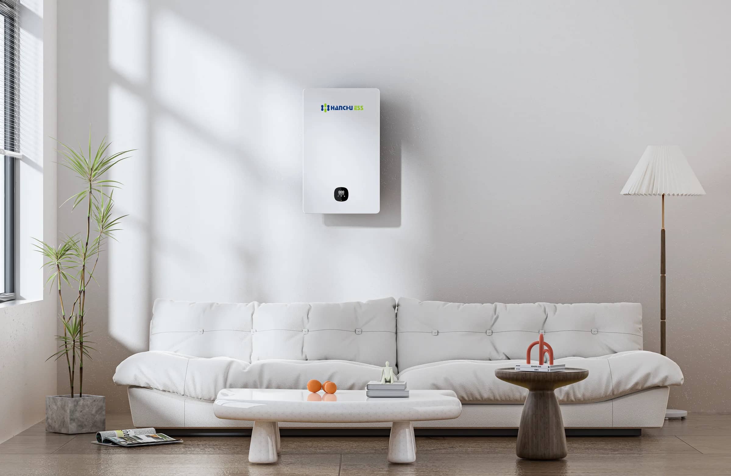 A home battery and hybrid inverter on the wall of a bright, modern living room
