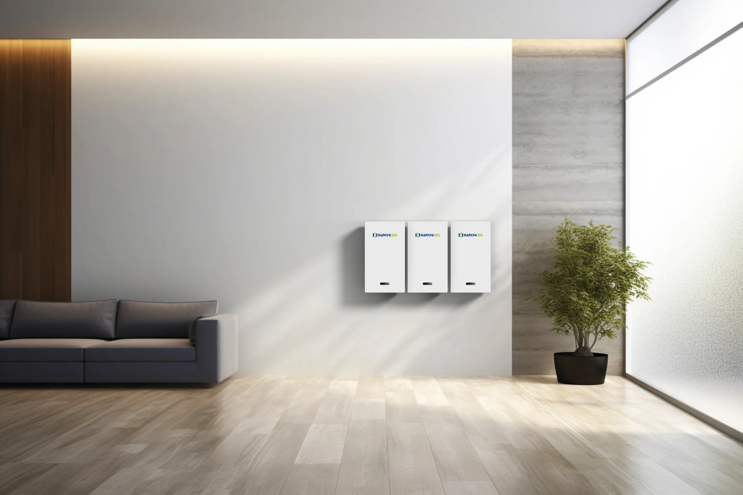 Three home battery modules fitted side by side on a living room wall