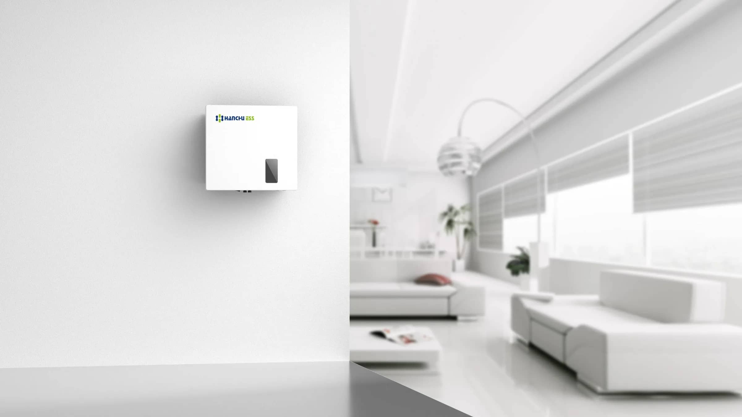 A hybrid inverter on the wall of a bright white living room