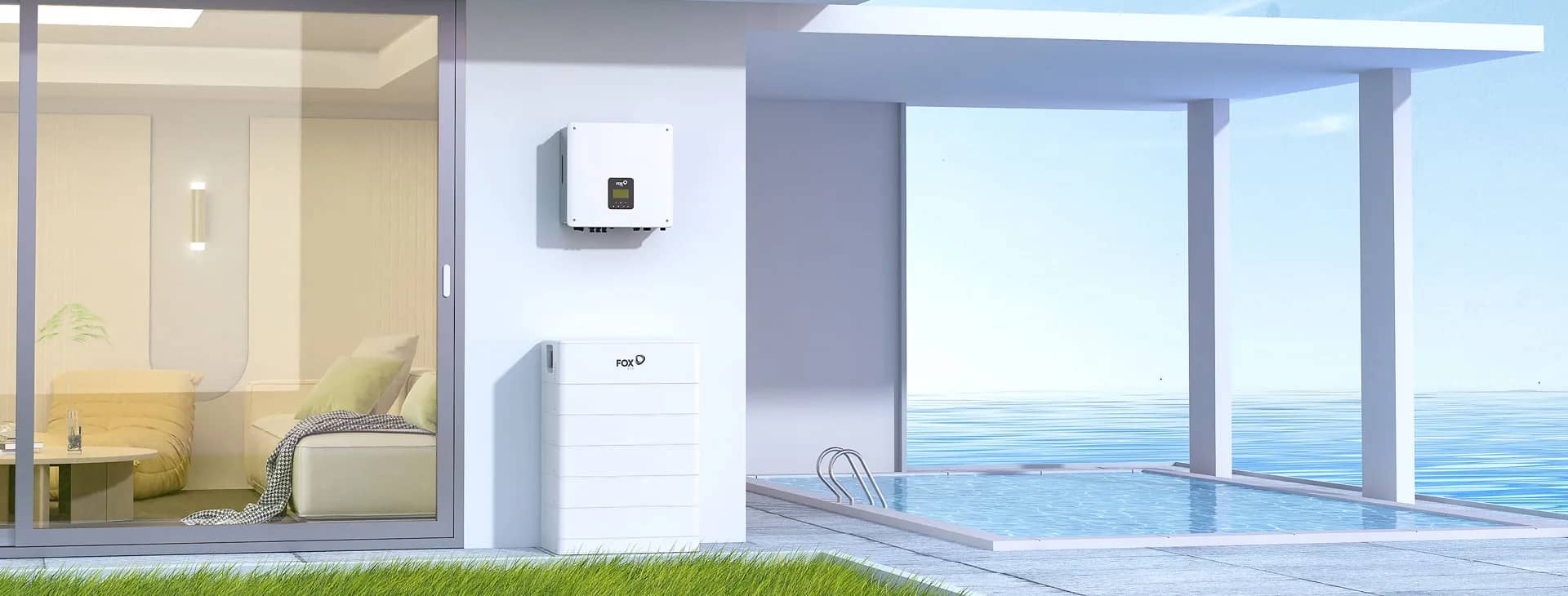 A Fox ESS hybrid inverter and battery stack on the white outside wall of a house by a pool