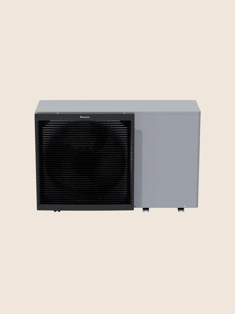 Daikin Altherma 3 monobloc air source heat pump, three-quarter view