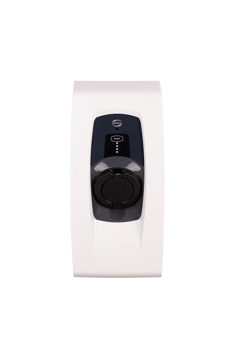 Indra Smart PRO untethered EV charger in white, front view