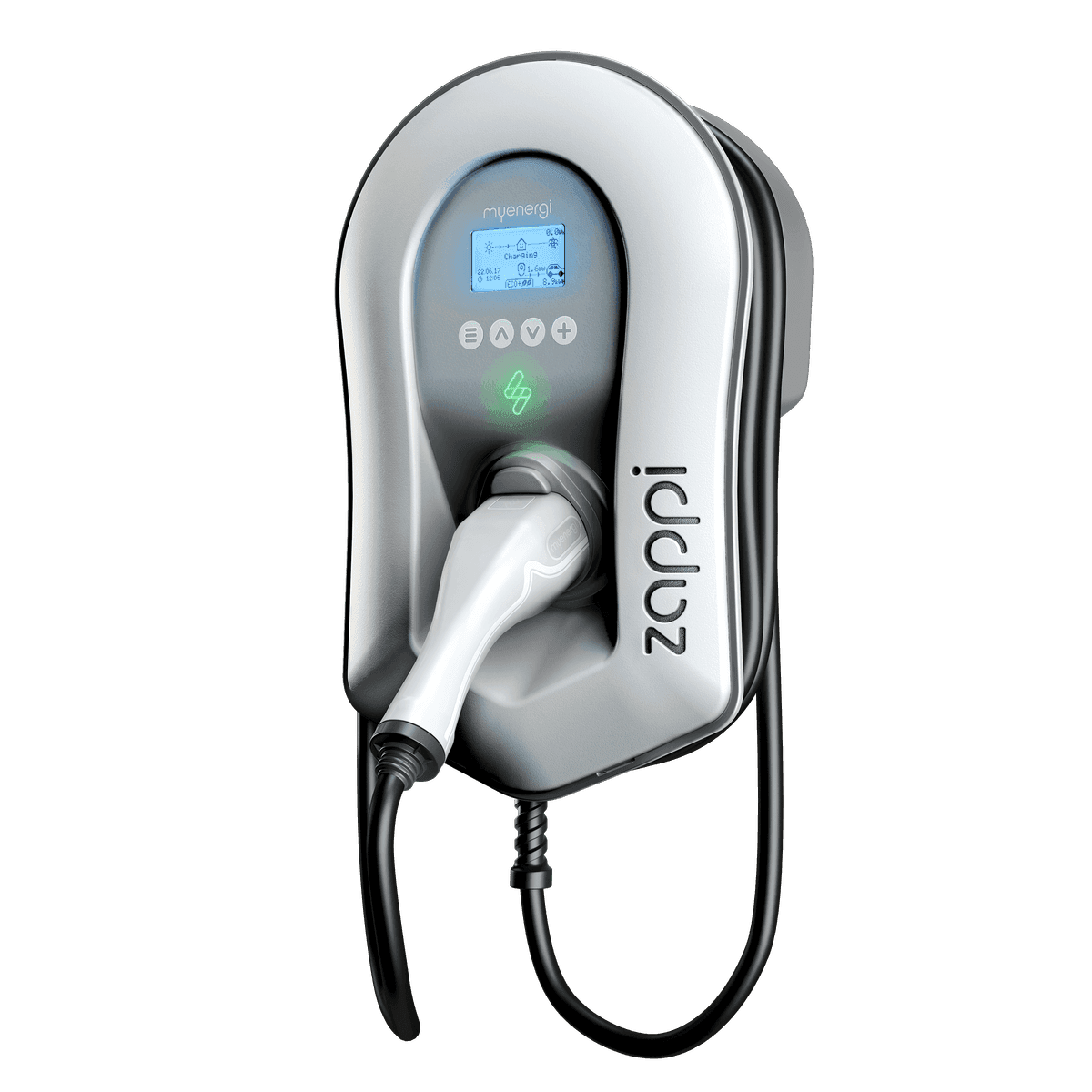 myenergi Zappi v2.1 tethered EV charger in white, three-quarter view