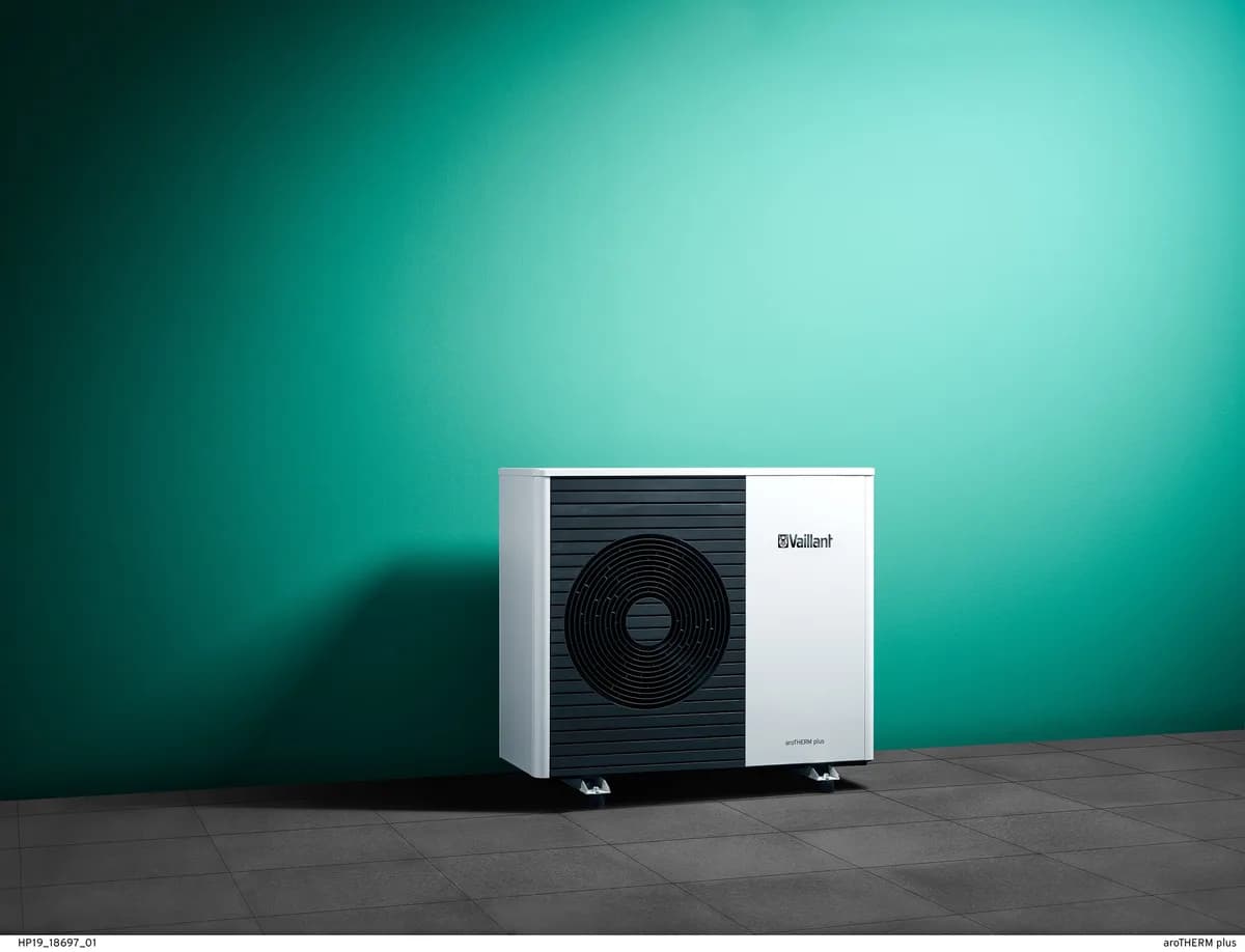Vaillant aroTHERM plus air source heat pump, three-quarter view