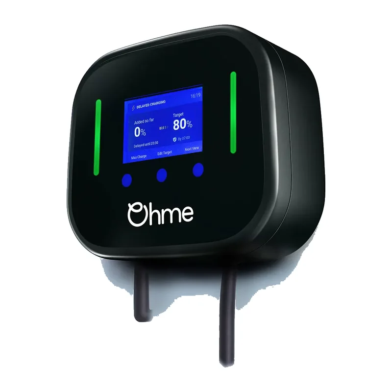 Ohme Home Pro home EV charger, black, with a colour screen and tethered cable