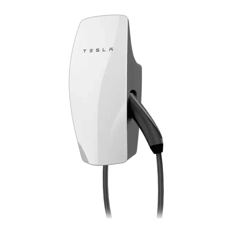 Tesla Wall Connector home EV charger, white, with tethered cable